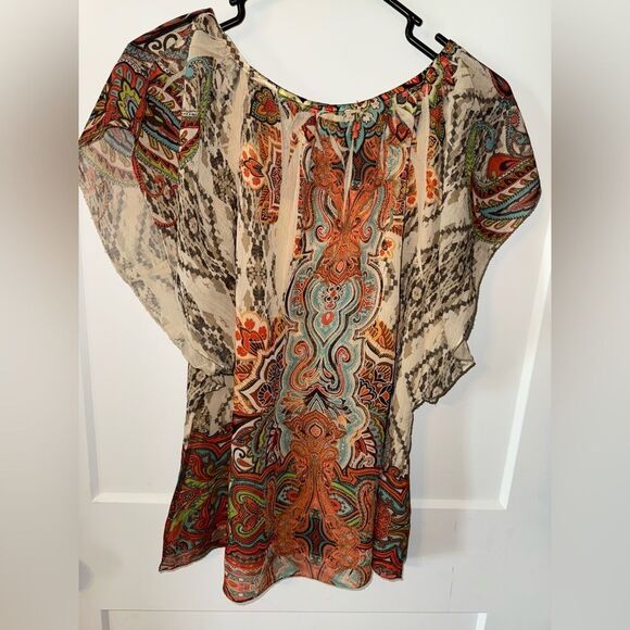Live and Let Live Orange and Green Flutter Sleeve Blouse - Picture 4 of 4